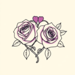 Infinity symbol formed by two roses, each rose connected to a heart, one inspired by amethyst and one inspired by aquamarine