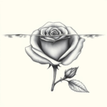 Rose Half-Submerged in Water. The bloom exists both above and below an invisible waterline, with the underwater half appearing altered, heavier, or distorted by immersion.