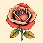 Rose in full bloom with layered petals, balanced symmetry, visible stem and leaves