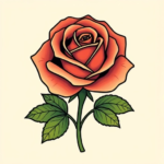 Rose in full bloom with layered petals, balanced symmetry, visible stem and leaves