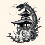 Create an inspiring Japanese Indian style tattoo. Use elements like Japanese shrine, samurai, dragon, yingyang, Hindu temple, elephant and tiger.