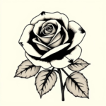 Single traditional rose with bloom and leaves