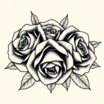 Three traditional roses clustered together with overlapping petals