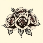 Three traditional roses clustered together with overlapping petals