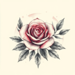 Watercolor rose emerging from a circular frame of leaves