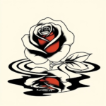 A single rose floating on water, reflection visible beneath in japanese colors