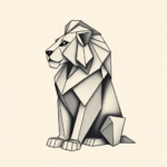 Geometric origami-style lion sitting in a regal pose, sharp folded edges, minimalistic black lines with subtle color gradients, head slightly tilted, full-body composition, foreground only.