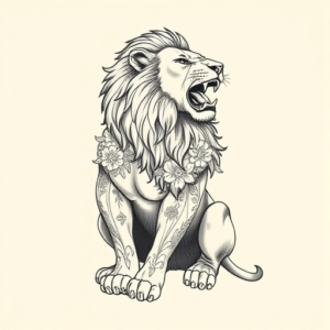 Lion in mid-roar, body partially covered in ornate floral tattoos like armor, intricate linework with subtle shading, realistic face with stylized decorative patterns on shoulders and chest, seated pose, angled slightly toward viewer.