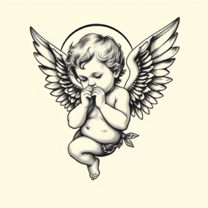 Black And Grey Cherub Tattoo