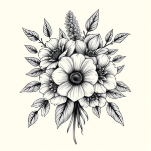 Black & Grey Ink Bouquet Tattoo