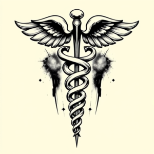 Black & Grey Ink Caduceus Tattoo