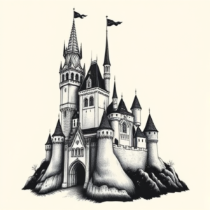 Black & Grey Ink Castle Tattoo