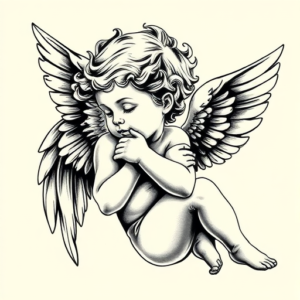 Black & Grey Ink Cherub Tattoo