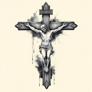Black & Grey Ink Crucifix Tattoo