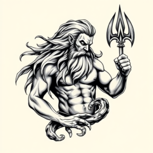 Black & Grey Ink Poseidon Tattoo