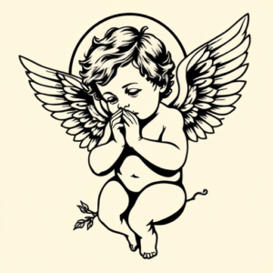 Black Ink Cherub Tattoo