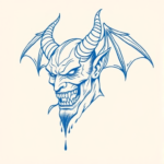 Blue Ink Minimal Shading Demon Tattoo