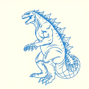 Blue Ink Minimal Shading Godzilla Tattoo