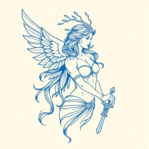 Blue Ink Minimal Shading Valkyrie Tattoo
