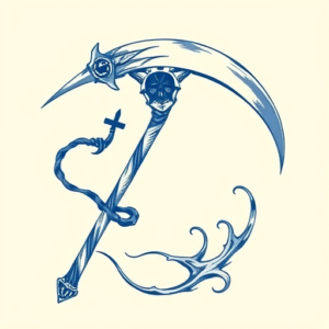 Blue Ink Scythe Tattoo