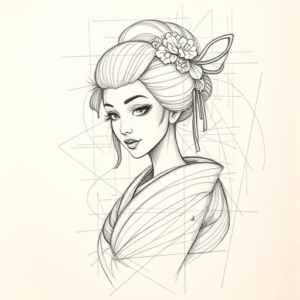 Chaotic Graphite Pencil Sketch Geisha Tattoo