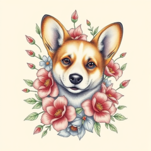 Floral Corgi Tattoo