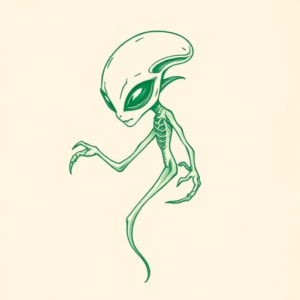 Green Ink Outline Alien Tattoo