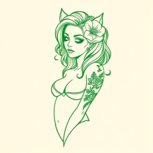 Green Ink Outline Catrina Tattoo