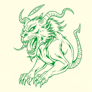 Green Ink Outline Cerberus Tattoo