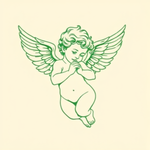 Green Ink Outline Cherub Tattoo