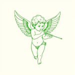 Green Ink Outline Cupid Tattoo