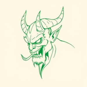Green Ink Outline Demon Tattoo