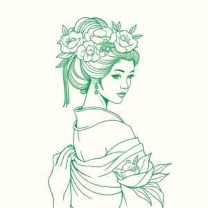 Green Ink Outline Geisha Tattoo