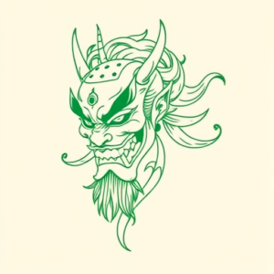 Green Ink Outline Hannya Tattoo
