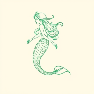 Green Ink Outline Mermaid Tattoo