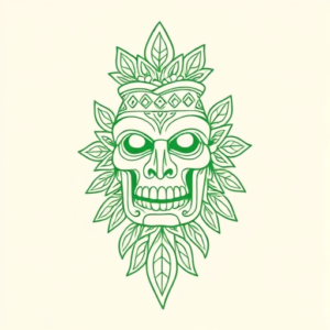 Green Ink Outline Mictlantecuhtli Tattoo