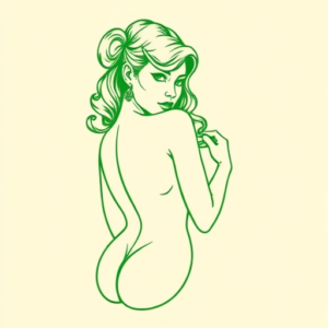 Green Ink Outline Pinup Tattoo
