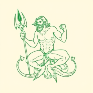 Green Ink Outline Poseidon Tattoo