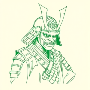 Green Ink Outline Samurai Tattoo