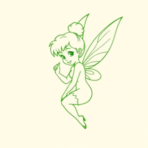 Green Ink Outline Tinkerbell Tattoo