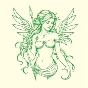 Green Ink Outline Valkyrie Tattoo