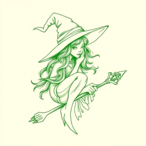 Green Ink Outline Witch Tattoo