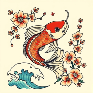 koi wish over rainbowKoi fish tattoo with waves and cherry blossoms