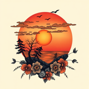 Neo-Traditional Sunset Tattoo