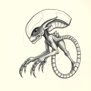 Pencil And Marker Outline Alien Tattoo