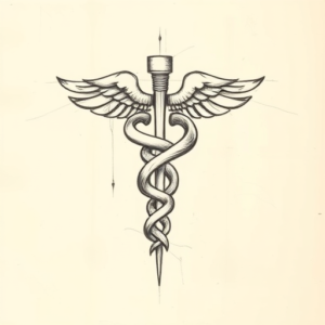 Pencil And Marker Outline Caduceus Tattoo