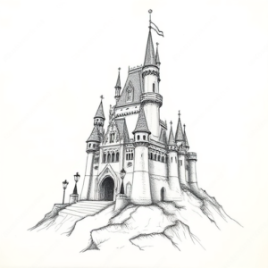 Pencil And Marker Outline Castle Tattoo