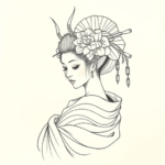 Pencil And Marker Outline Geisha Tattoo
