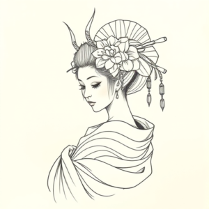 Pencil And Marker Outline Geisha Tattoo