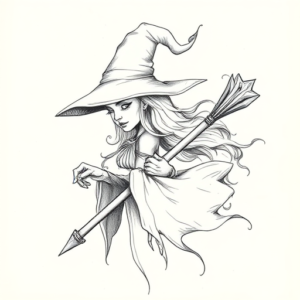 Pencil And Marker Outline Witch Tattoo
